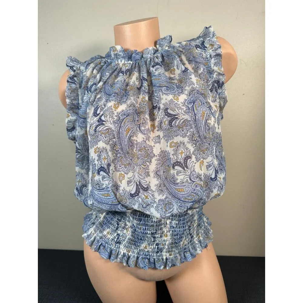 Maison D'Amelie Medium Top Floral Flowy Ruffled Blue Cinch Waist Sleeveless